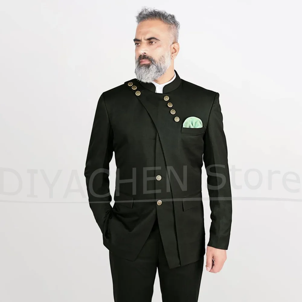 Fashion Men 2 Piece Suit Mandarin Collar Asymmetric Gold Button Jacket Trousers Slim Fit Wedding Groom Formal Party Tuxedo