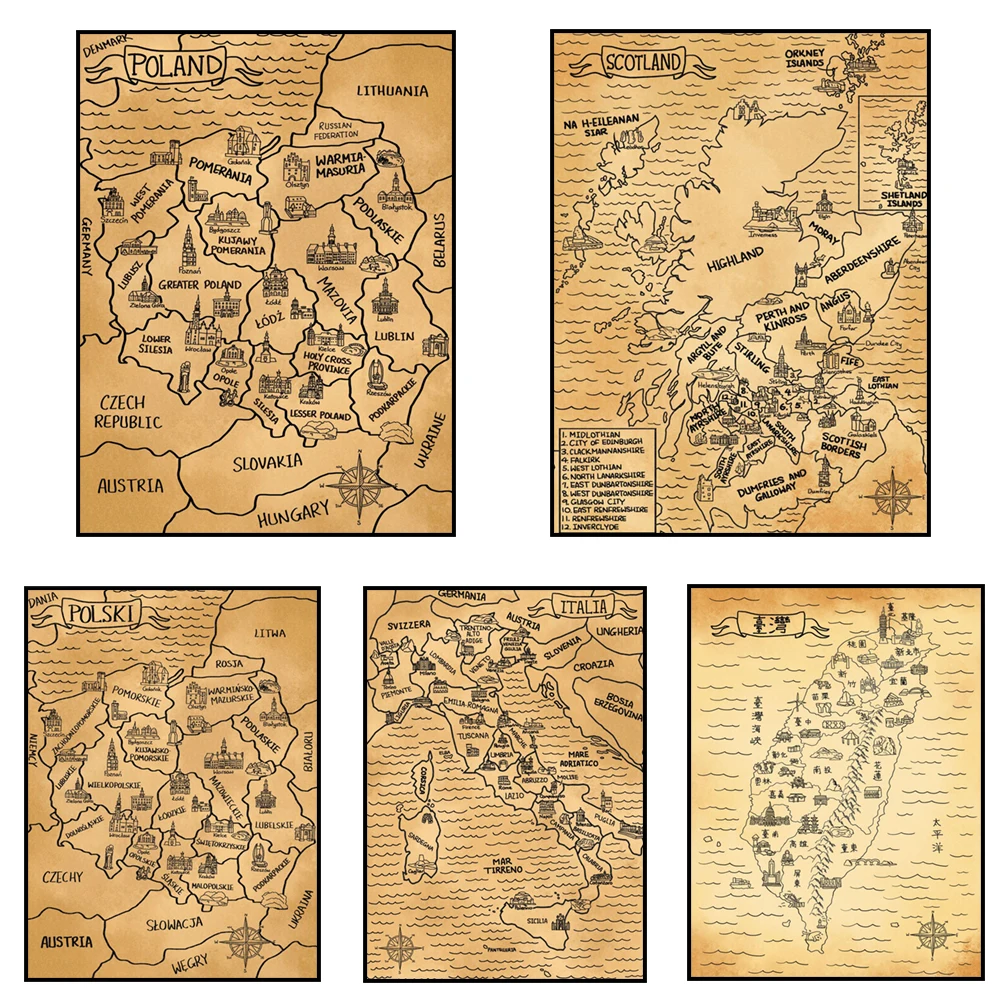 Vintage Itália, Escócia, Ucrânia, Irlanda, Brasil, Suíça, Japão, Polônia, EUA, Taiwan mapa pôster impressão em tela