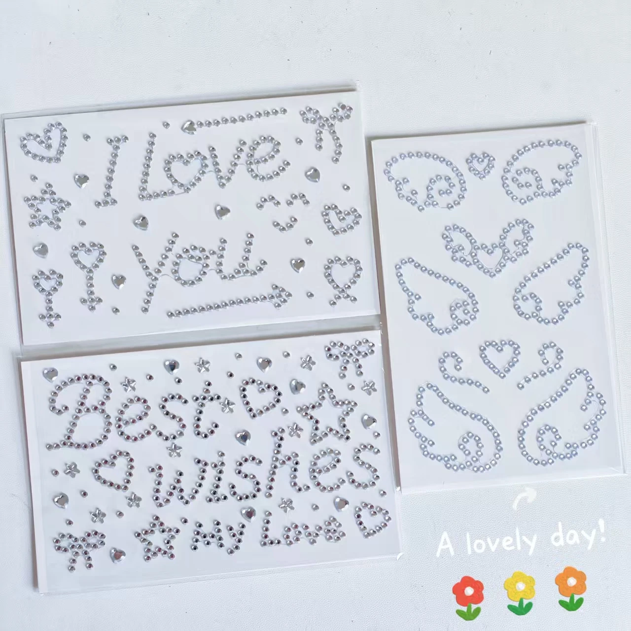 3 Silver-Colored Stickers with English Text and Sparkling Rhinestones, Angel Wings with White Lettering, Self-Adhesive, Suitable for Handmade Decoration