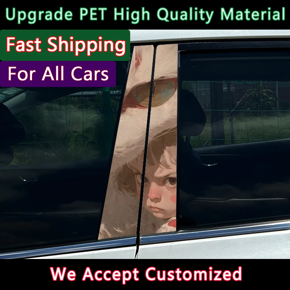 

Graffiti Cute Girl and Cat Car B Pillar Sticker Waterproof Center Column Decoration Cover Scratches Sunscreen Car Self-adhesive