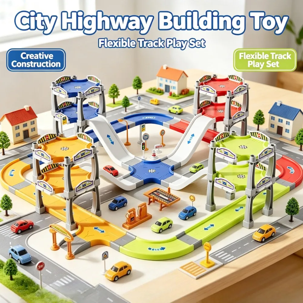 City Highway Track Car Playset, DIY Interchangeable Expressway Building Block Toy, Easy‑Assemble Multi‑Layer Race Track Set