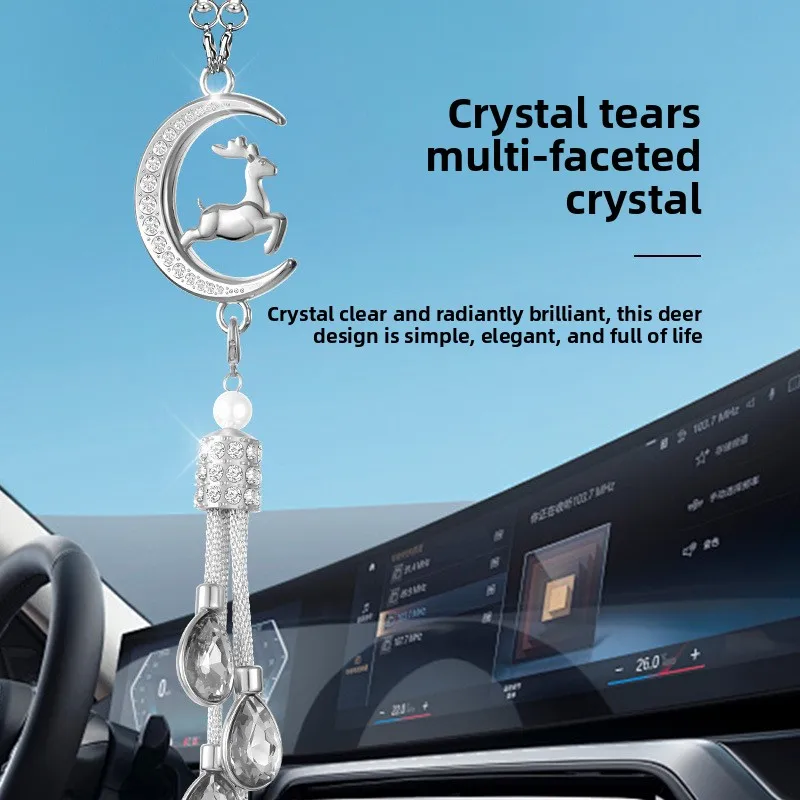 Rhinestone Moon Deer Car Pendant, Tassel Crystal Waterdrop Charm, Rearview Mirror Hanging Ornament, Car Interior Gift