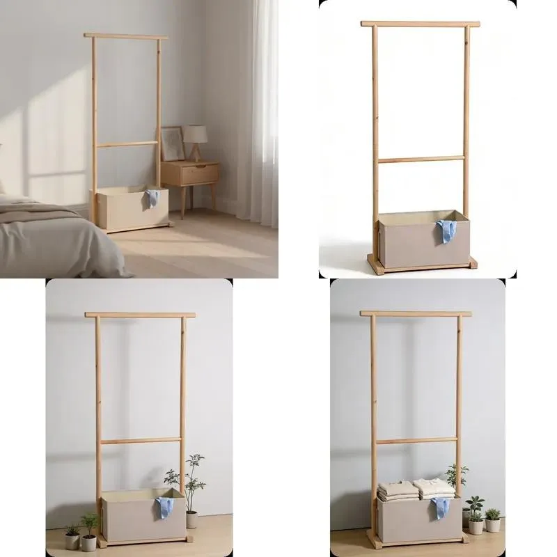 Modern Natural Wood Coat Rack with Removable Cloth Drawers Free Standing Clothing Organizer for Entryway Bedroom Hallway