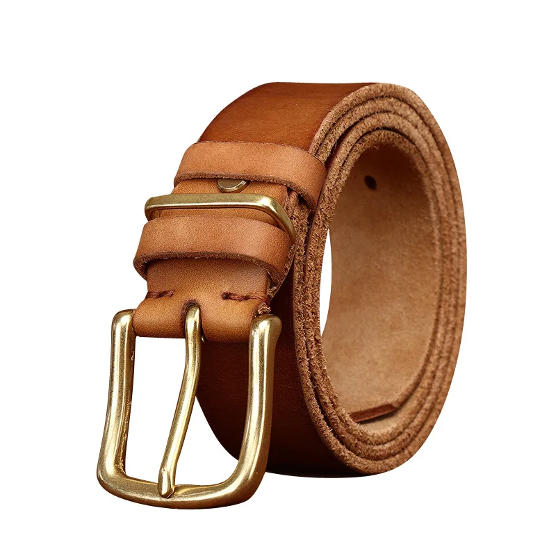 Men's vintage washed and distressed vegetable-tanned top-grain pure cowhide belt with pin buckle, casual jeans belt