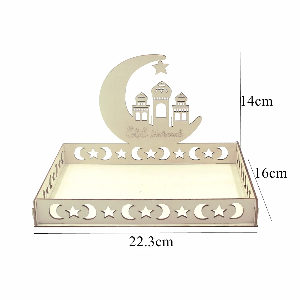1set Wooden White  Eid Mubarak Tray Moon Star Food Holder Ramadan Kareem Food Holder Supplies Al Adha Muslim Table Decorations