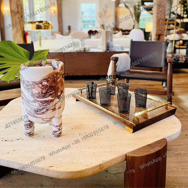 X طاولة قهوة من الحجر الجيري الطبيعي، طاولة شاي قهوة من الخشب الصلب والرخام الروماني القديم