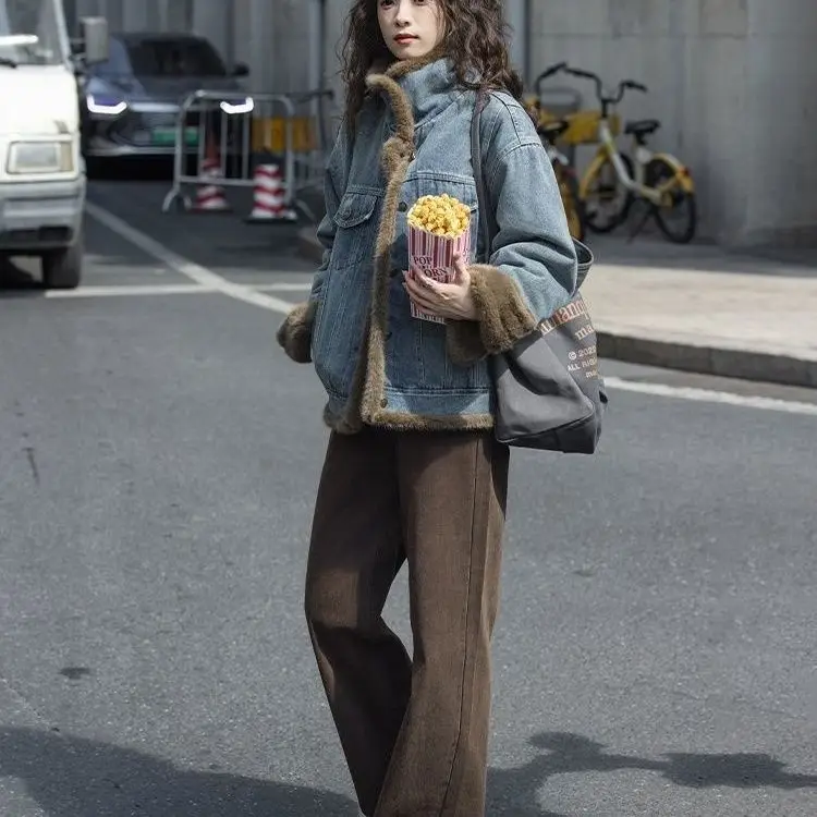 Denim Coats Long Fur Plush Womens Winter Moisture-Wicking Boxy Fit Grunge Style Vacation Travel Anti-Wrinkle Fuzzy Padded Warmth