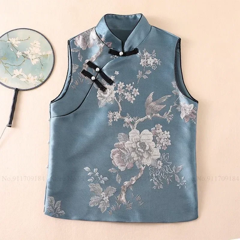 

Autumn Chinese Style Retro Women Waistcoat Blue Qipao Button Sleeveless Short Tops Jackets Elegant Lady Vintage Cheongsam Vests