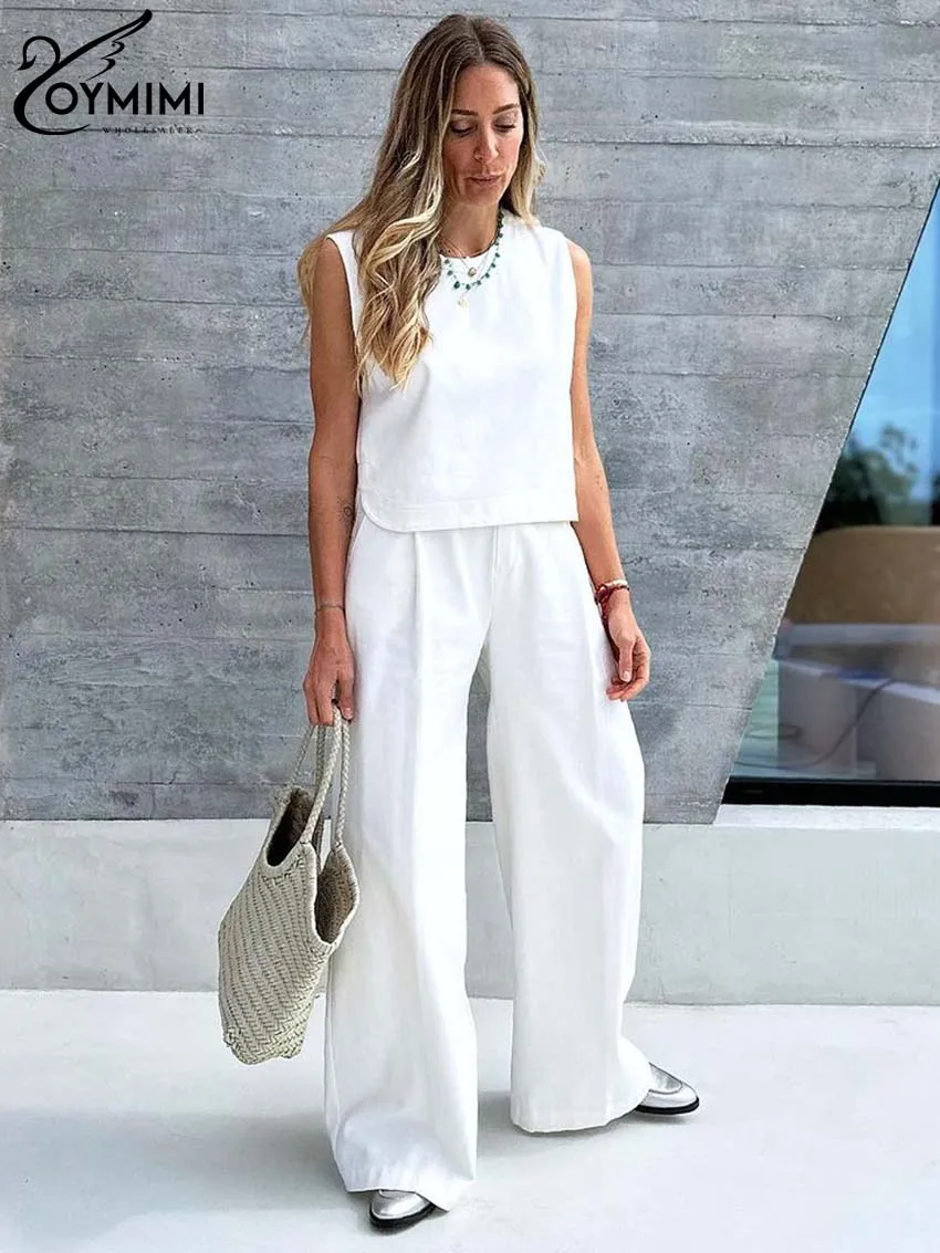 Oymimi Fashion White Simple Two Piece Set For Women Elegant O-Neck Sleeveless Blouses And High Waist Pockets Straight Pants Sets