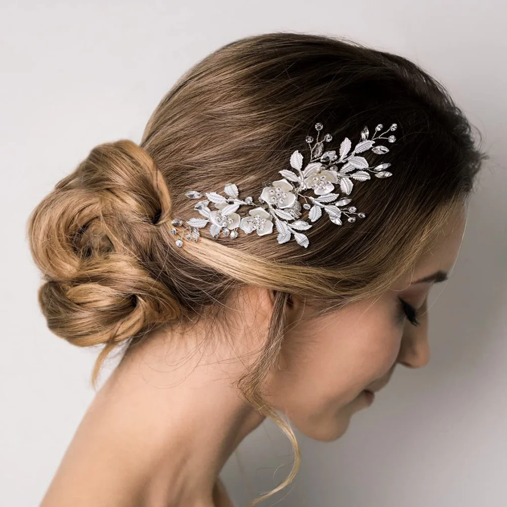 مجموعة مشط شعر الزفاف على شكل زهرة فضية مكونة من 3 قطع، دبوس شعر رائع مصنوع يدويًا من الكريستال على شكل حرف U، إكسسوارات شعر الزفاف #2