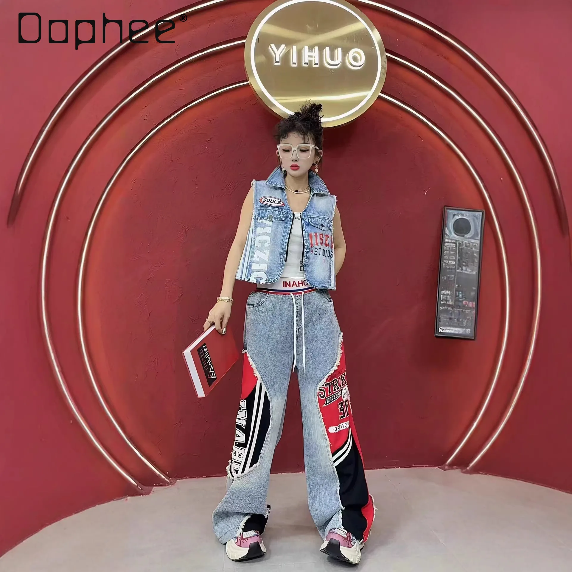 

Европейский женский костюм-жилет 2026 года, летний, новый, с буквенным принтом, джинсовыми вставками, прямые брюки, топ с лацканами