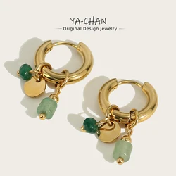 YACHAN Pendientes de acero inoxidable chapado en oro de 18K Sra. Hoop piedra natural verde retro encanto moda joyas impermeables