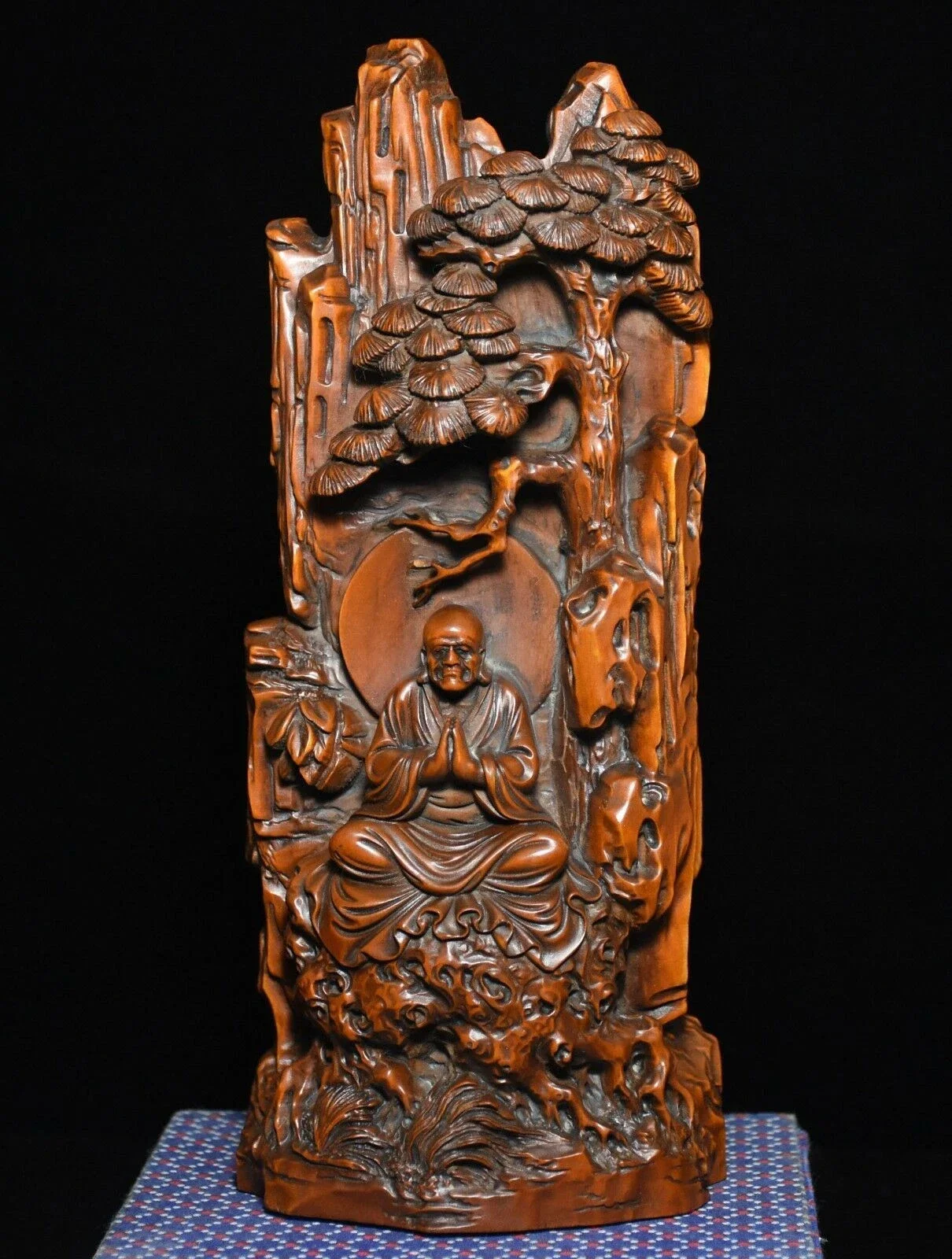 Chinese Buddhism Boxwood Wood Carved Arhat Damo Bodhidharma Dharma Buddha Statue