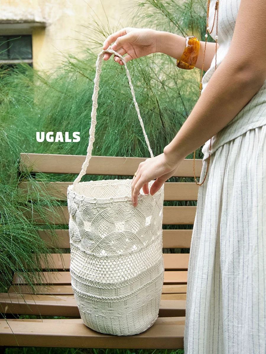 Handwoven Cotton Thread Hollow out Summer Fairy Ugals Women's Handbag Underarm Bucket Bag Casual Simple Style Handbag