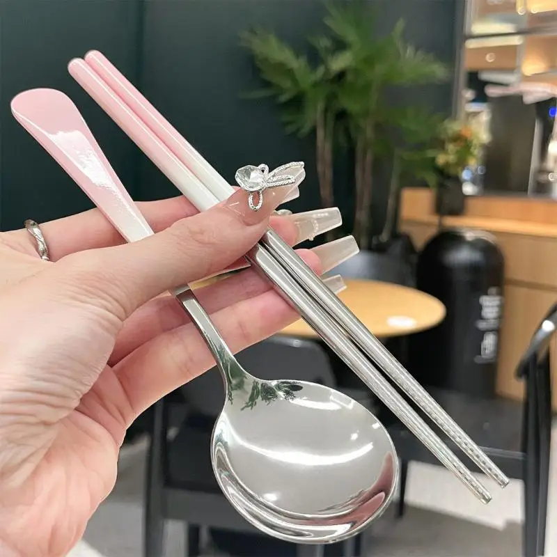 Portable Stainless Steel Cutlery Set With Box - Spoon Chopsticks Student Travel Korean Style Kitchen Supply view 2