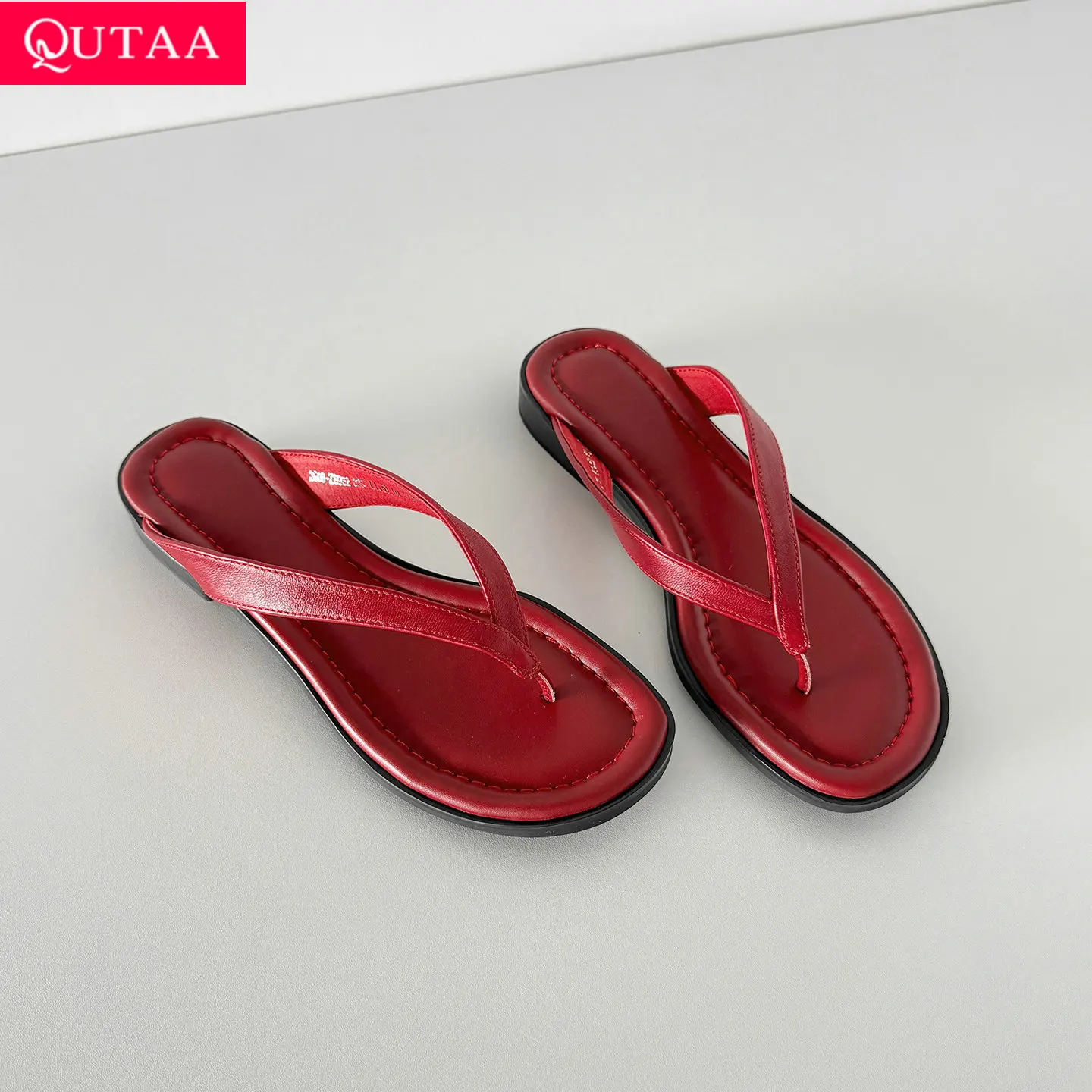 QUTAA 2026 Fashion Women Summer Sandals Flats Heels Shoes Genuine Leather Round Toe Flip-flops Sandals Casual Shoes Dress 34-40