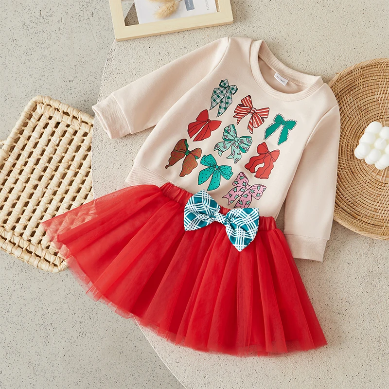 

Suefunskry Toddler Girls Christmas Outfits Bow Pattern Long Sleeve O-Neck Sweatshirt Tops and Elastic Waist Tulle Skirt Fall Set