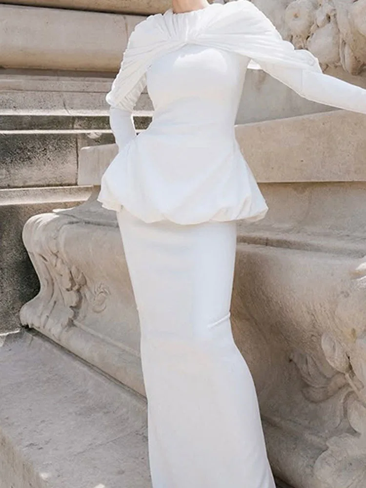 

Fashion O-neck Draped Pullover Tops & Long Skirt Set Women Elegant Temperament Solid 2Pc Outfits Casual Long Sleeve Slim Suits