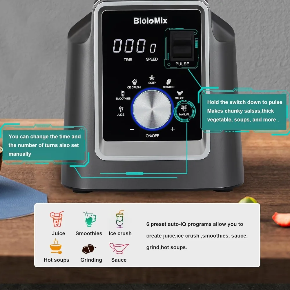 Biolomix-licuadora profesional, 2200W, 6 programas automáticos para cocina, batidora para batidos, 70 oz de capacidad, 600ML