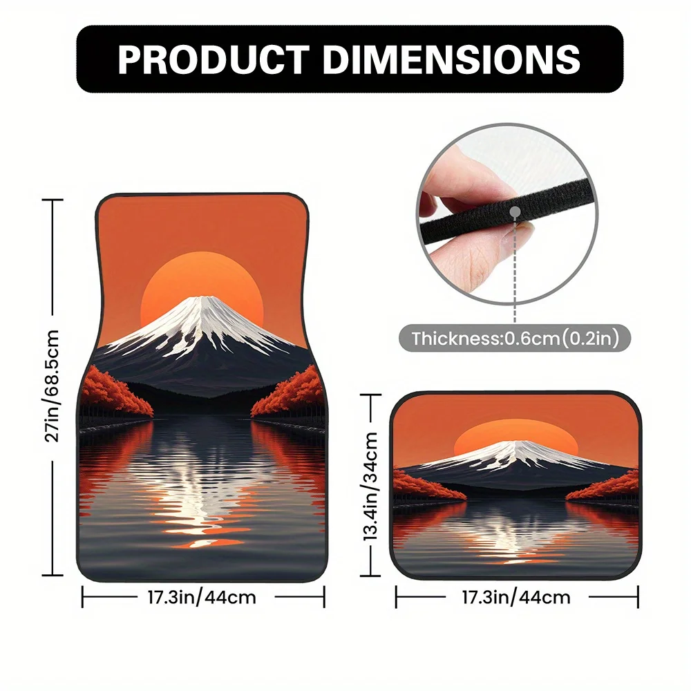 4pcs Vehicle Floor Mats With Minimalist Sunset Mountain Lake Design - Durable Polyester, Cleaning-Friendly, Fit For SUVs & Hatch