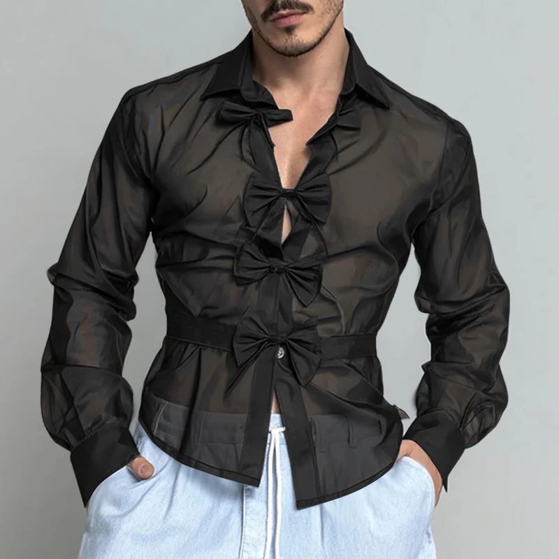INCERUN Kemeja Pria Warna Solid Kerah Lengan Panjang Transparan Seksi dengan Ikat Pita Pakaian Pria Longgar Streetwear 2025 Fashion Kemeja Pria