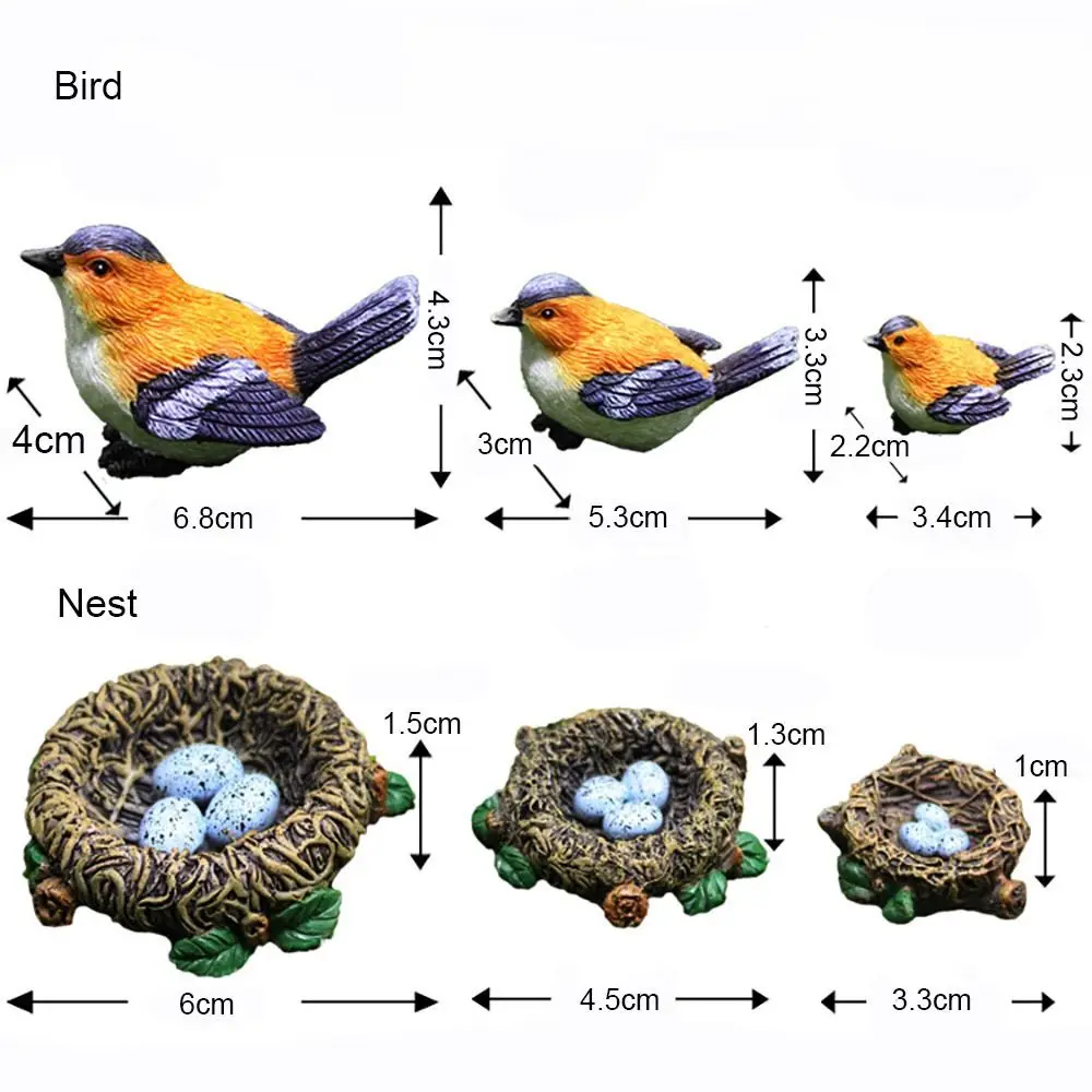 Estatuetas de pássaros em miniatura multicoloridas, ornamento de jardim mulitisize, ninhos de pássaros falsos, acessórios de estátua, fabricação de paisagem