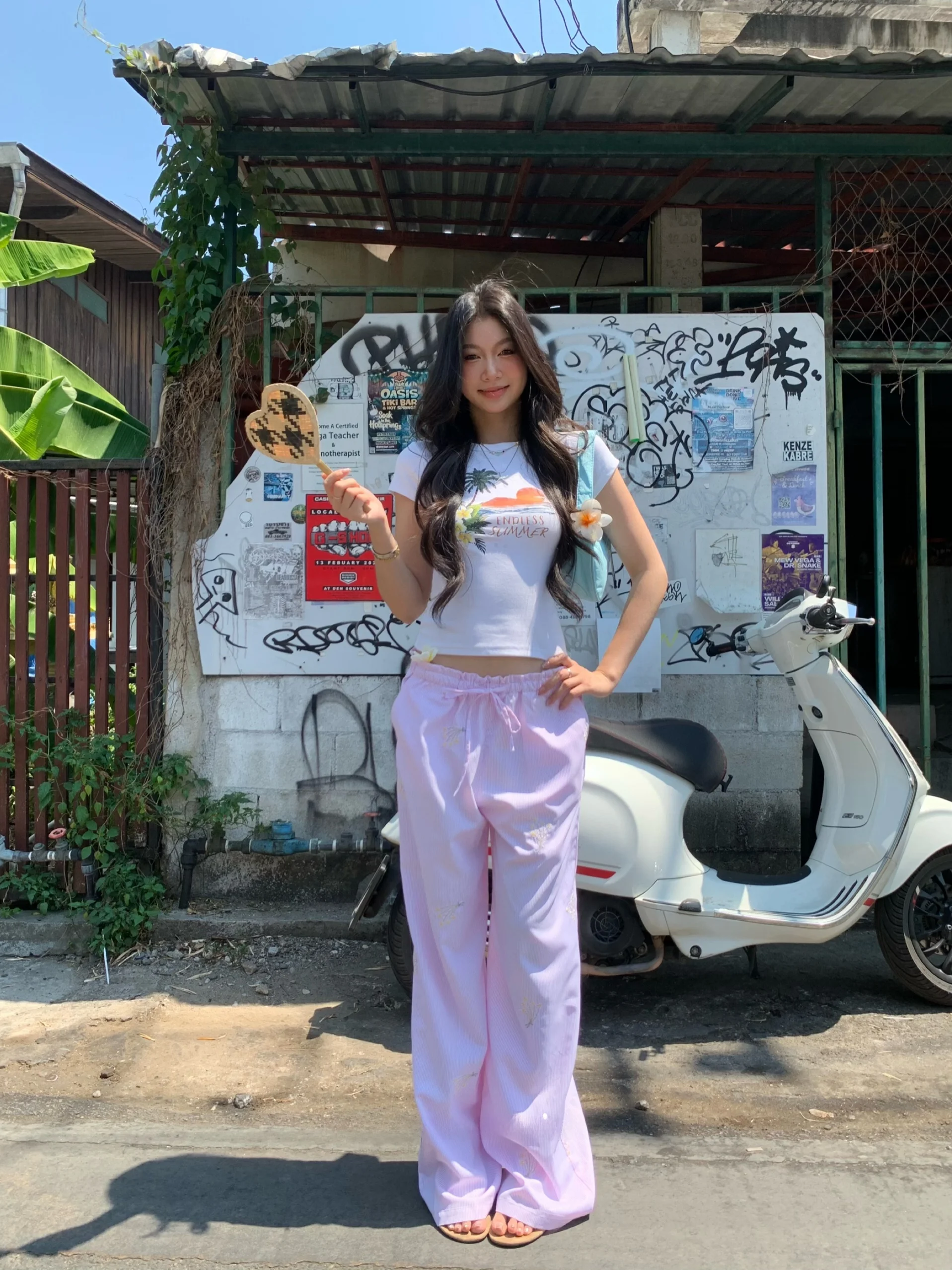 

Fortunee Spring Summer Floral Embroidery Pink Striped Casual Pants Loose Straight Leg Wide Leg Long Trousers Women's Fashion