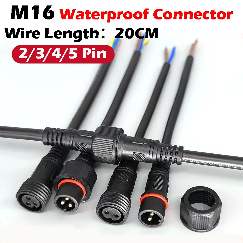 

5/20Pcs M16 Waterproof 2 3 4 5 Pin IP65 Cable Wire Plug for LED Strips Male and Female Jack 22mm nut Connector Wire 20CM OD 6mm