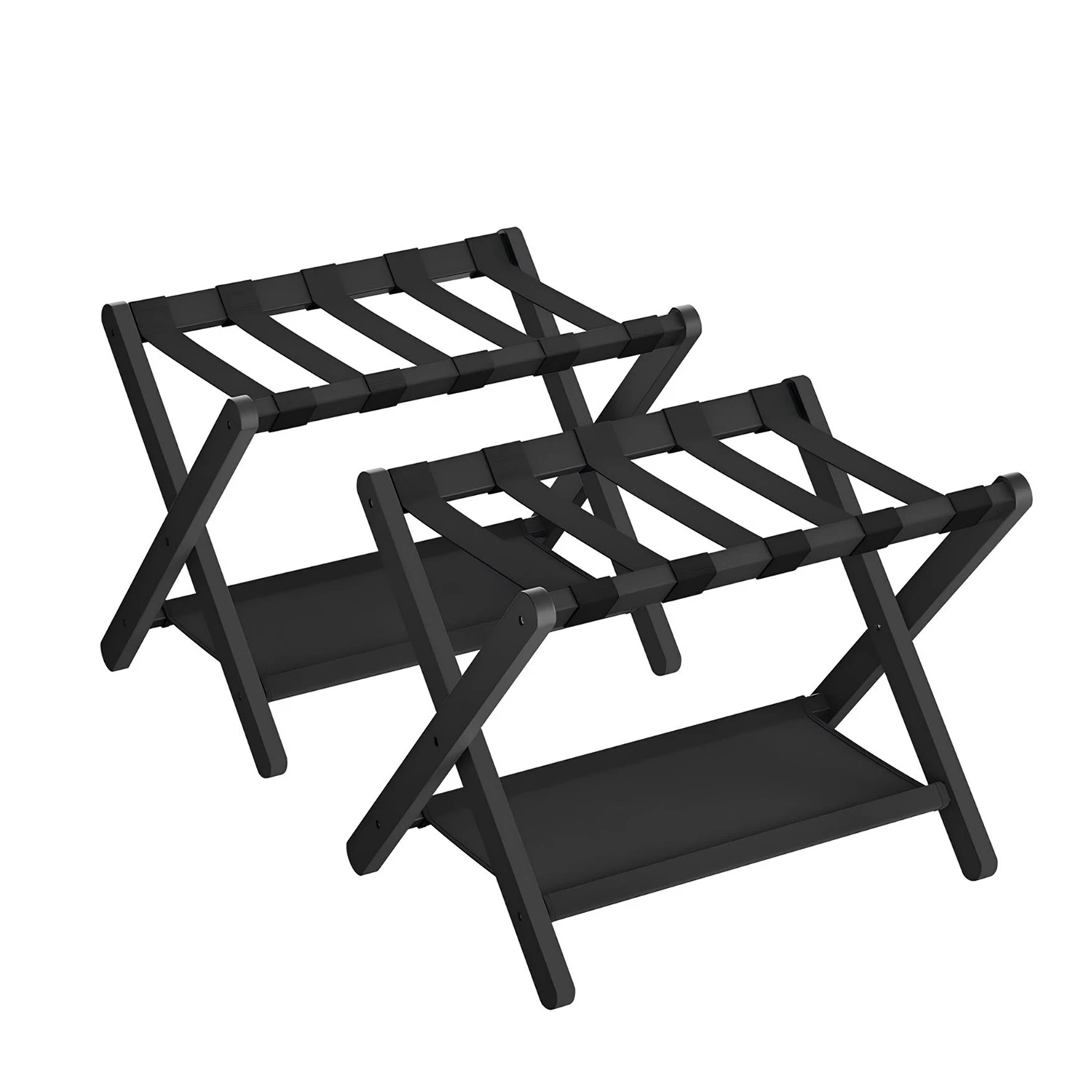 2 Pack Folding Luggage Rack Bamboo Suitcase Stand with Storage Shelf Nylon Straps 2-Tier Luggage Holder for Guest Room Bedroom Hotel Holds Up to 110 Lbs Fits Most Luggage Sizes