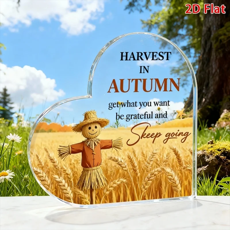 Golden Wheat Field Scarecrow Desktop Heart Plaque, Gratitude Home Decoration,Harvest In Autumn Heart‑Shaped Acrylic Plaque, Scarecrow Wheat Field Tabletop Decor