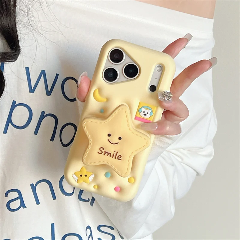 

Korean Cute Star Moon Phone Case For iPhone 17 Pro 16 15 14 Pro Max Cover with Stand Soft Silicone Shockproof Protective Cases C