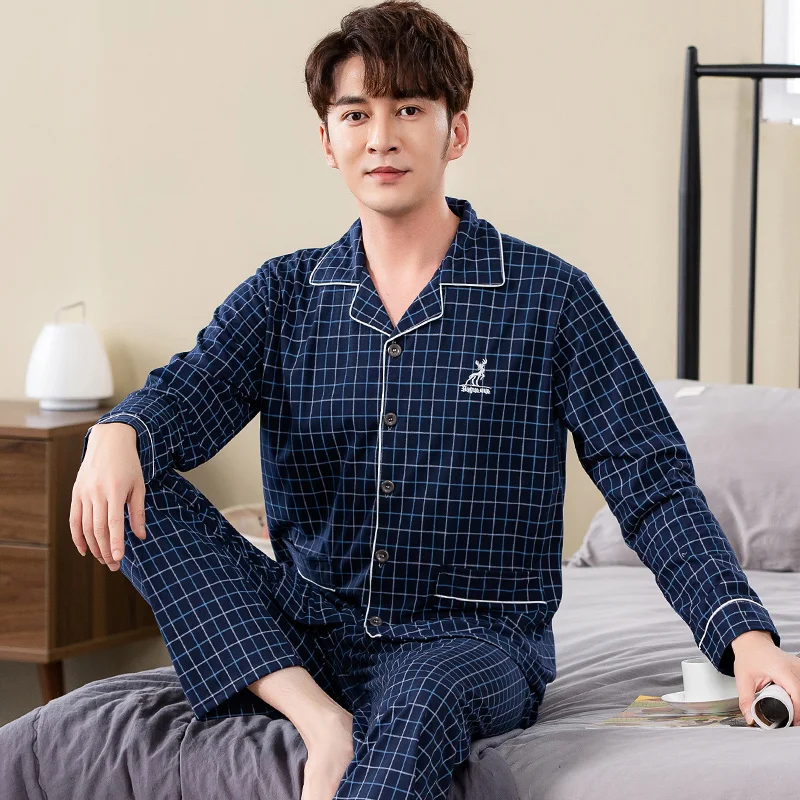 Spring Plaid Men Sleepwear Suits Cotton Man Pajamas Long Sleeve Turn-down Collar Cardigan Plus Size L-4XL Male Lounge Homewear