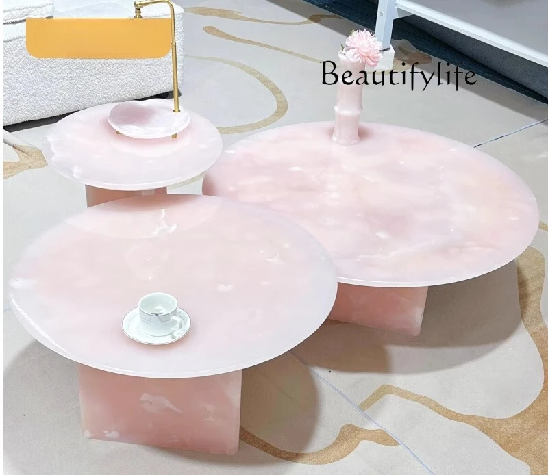 Natural powder jade coffee table, Italian light luxury living room home gentle and advanced art coffee table combination