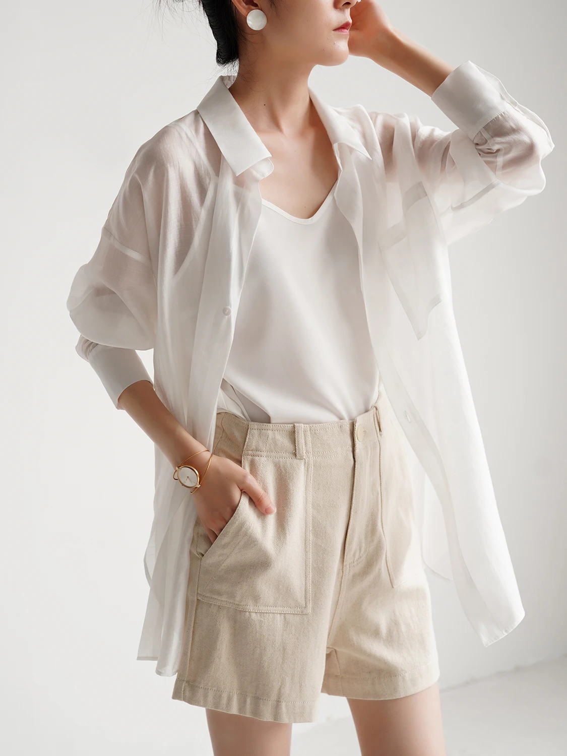 

Shallow Streams Pear Blossom Sea Sun Protection Silk Women's Shirt Thin Sensation Elegant Design Breathable Two-Piece Set