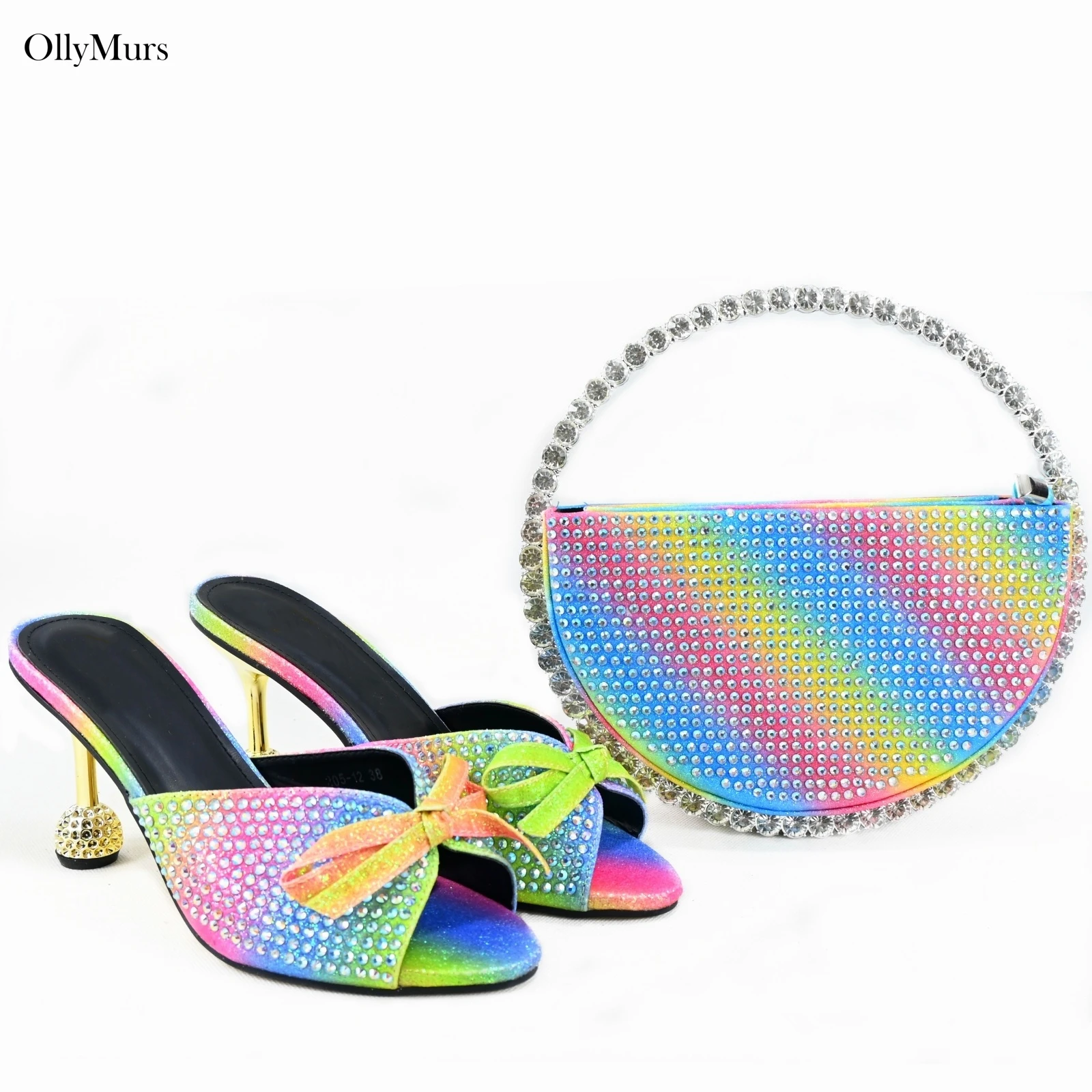 Autumn Special Rainbow Color Slipper Shoes And Bags Set Newest Elegant Rhinestone Ladies Shoes And Bag Set For Woman Size 38-43