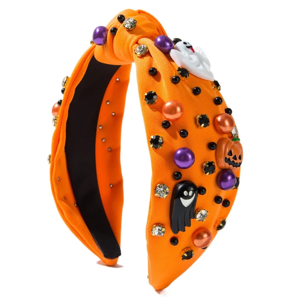 

Ghost Halloween Rhinestone Pearl Hairband Knot Style Wide Edge Halloween Pearl Head Hoop Luxury Fashion Pumpkin Baroque Headband
