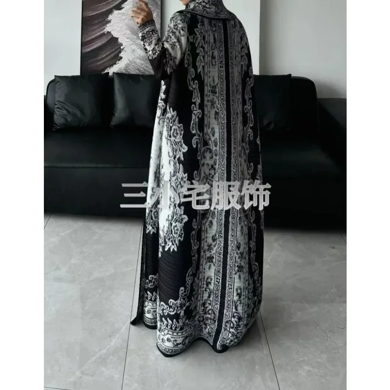 pleats Clashing Printed Long Trench Coat Jacket Fashion Autumn Versatile Loose Muslim Abaya Pleated High Stretch Cardigan Top