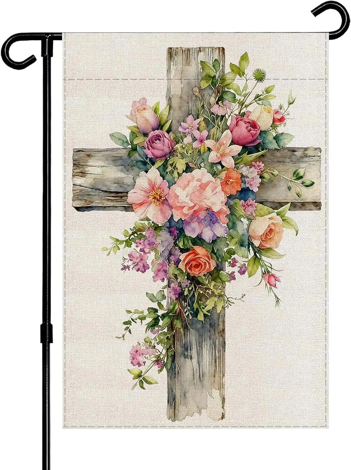 Spring Summer Garden Flag, Religious Easter Christian Cross flower Yard Outside Decorations, Inspirational Burlap Outdoor Sm jjp