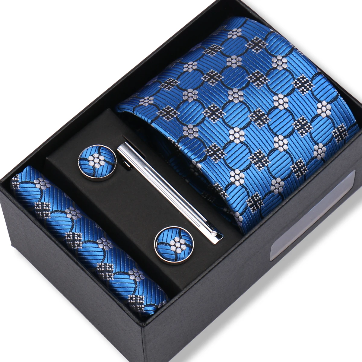 Top Quality Tie Set Gift Box Necktie Pocket Squares Cufflinks Tie-Clip Set With Black Box Men Birthday Gift Gravatas Accessories