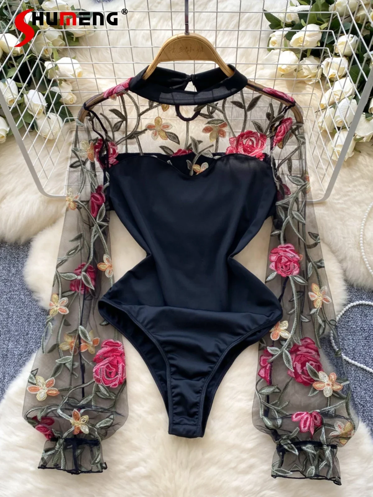 Fashion 2024 Summer New Sexy Trendy Long-sleeve Mesh Embroidery Jumpsuit Slimming Sexy Girl Bottoming Tops Ladies Flower Rompers