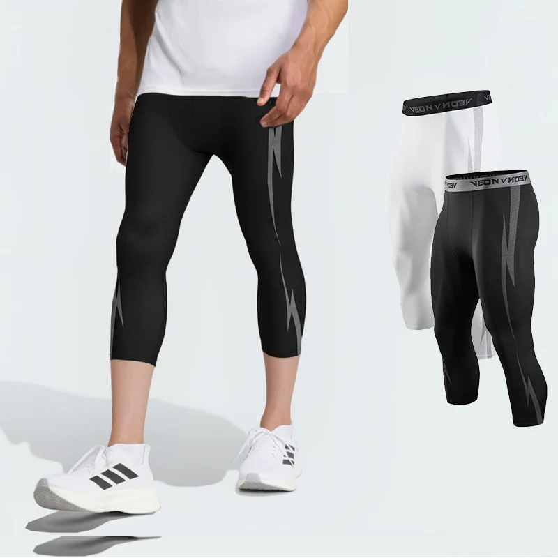 Veidoorn Herren 7/8 Gym Kompressions-Leggings, Spandex, hochelastisch, eng, Trainingshose für Fitness, Training, Bodybuilding