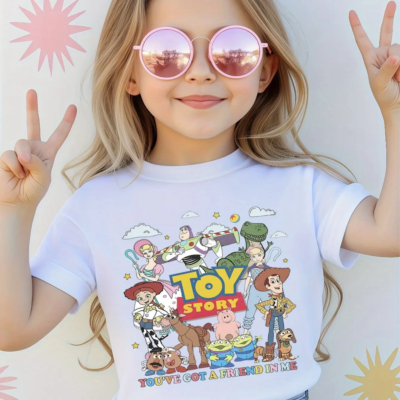 

Футболка с принтом «История игрушек Диснея» Вуди и Базз Лайтер для девочек Happy Play Top подходит для мамы и дочки с круглым вырезом и короткими рукавами