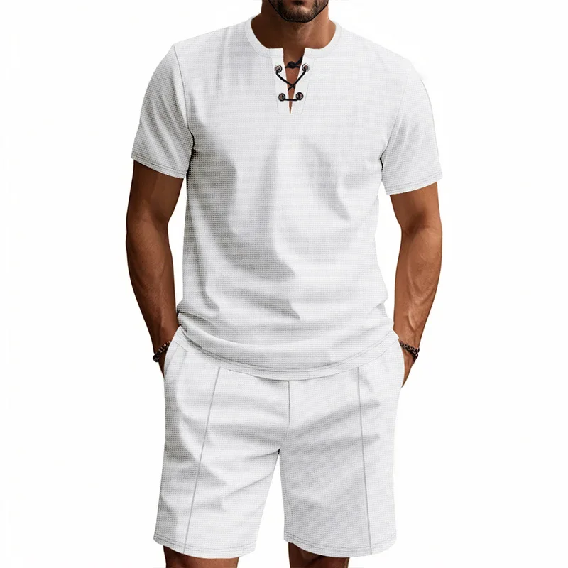 Pop Summer Simplicity Men's Suit Loose Walf Checks Fabric Breathable Comfort And Casual Short Sleeve Shorts Two-Piece Suit