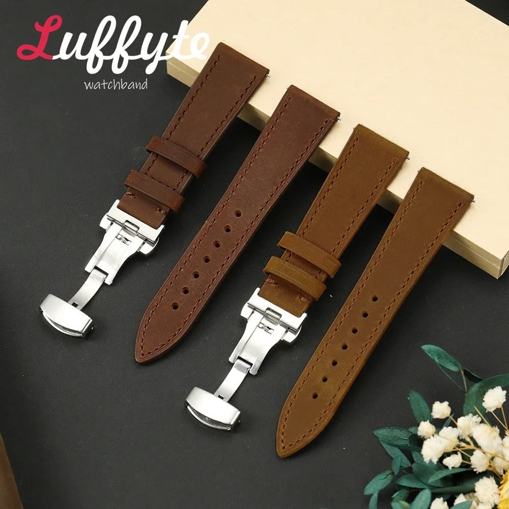 Quick Release Crazy Horse Genuine Leather Men Replacement Watchband 18mm 20mm 22mm With Butterfly Buckle and Gift Box