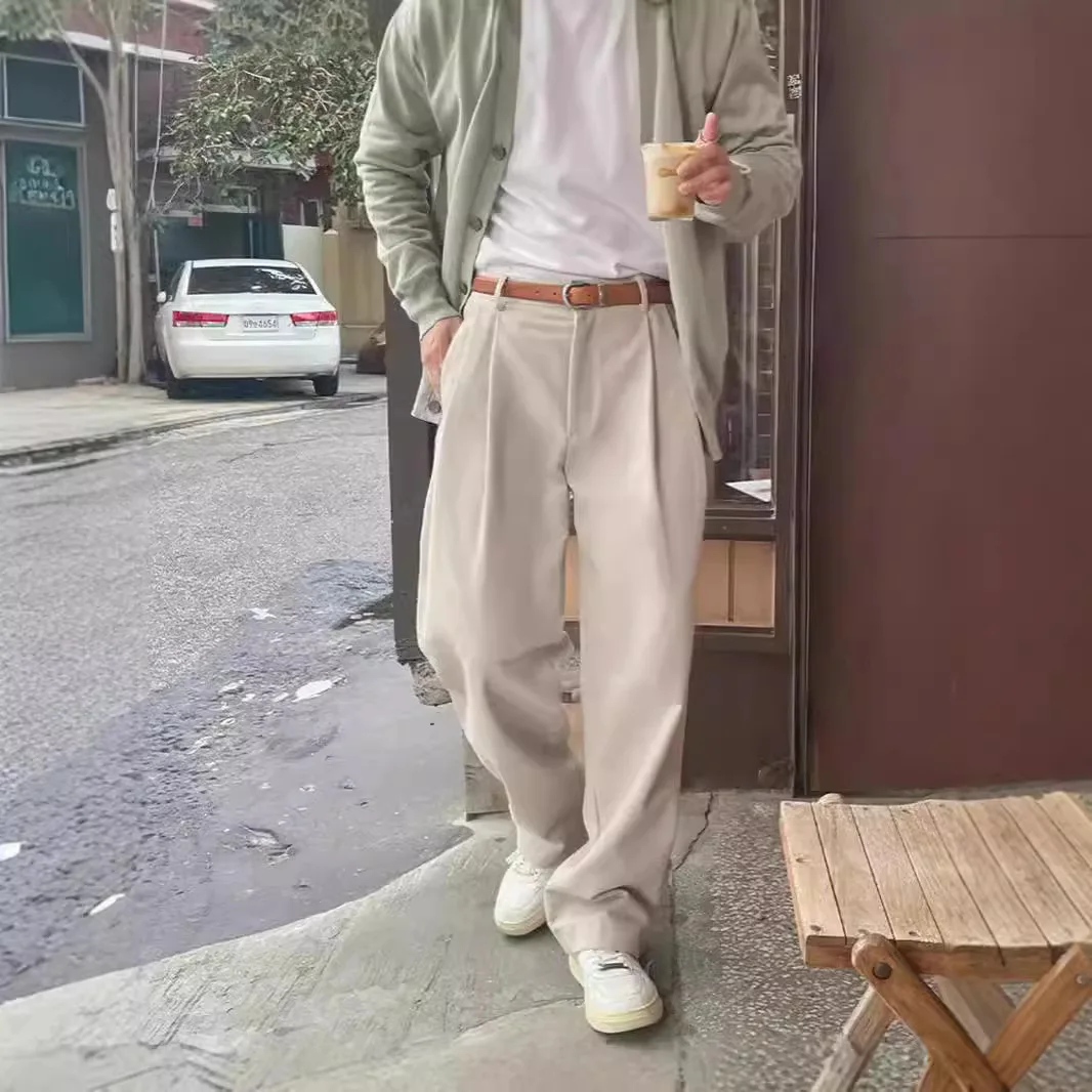 

Ретро-брюки в рабочем стиле, мужские, с дизайнерским акцентом, свободные прямые брюки со скрытыми пуговицами, повседневные универсальные брюки-костюм.