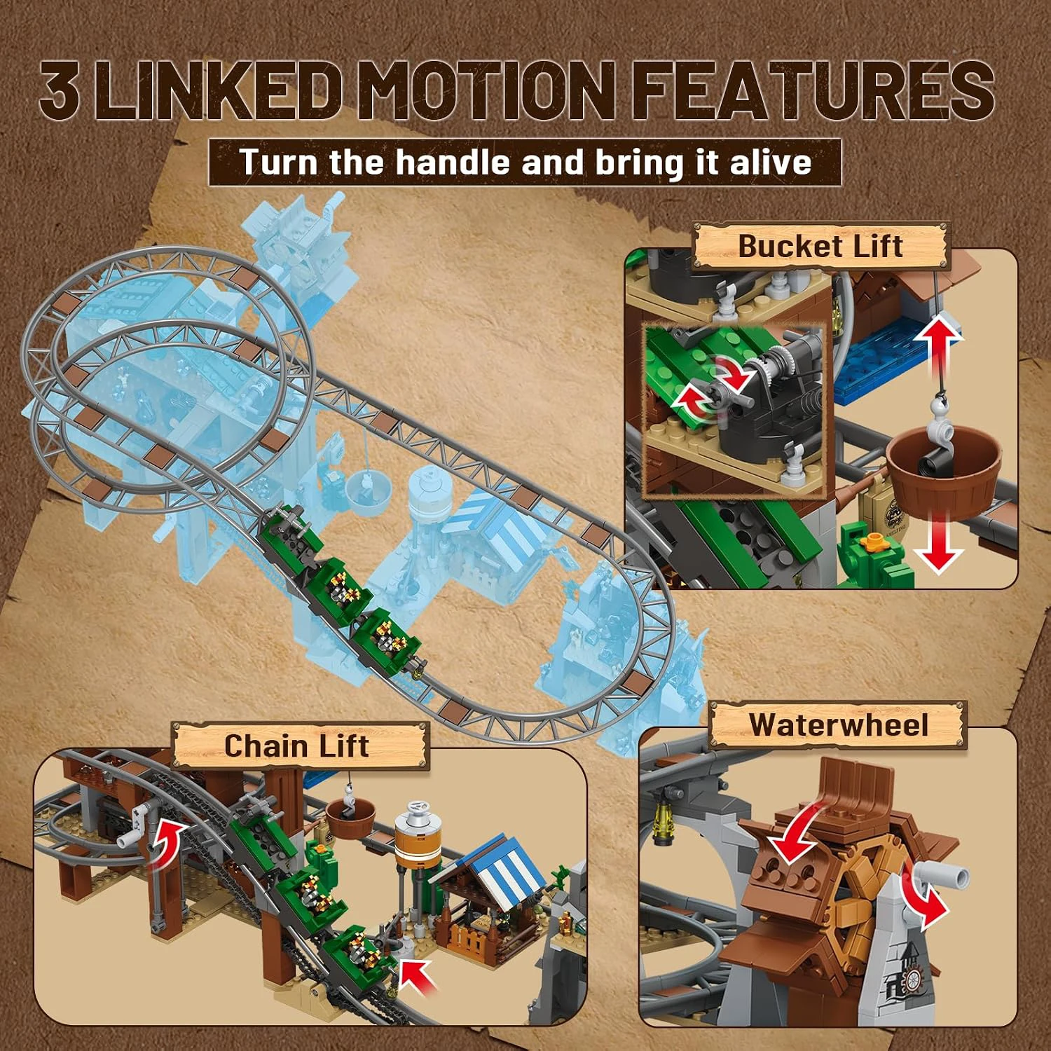Railway Adventure Mine Train Roller Coaster Building Block Set Interactive Loop Track Working Winch & Water Wheel Assembly Model