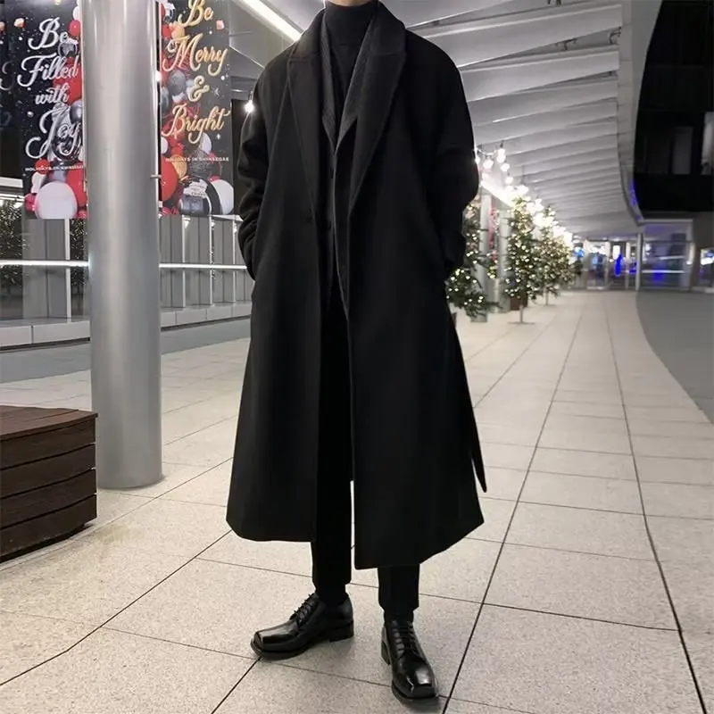 

Korean Style Versatile Men's Long Over-Knee Woolen Coat Loose Outerwear Trendy British Style Spring Autumn Fashion