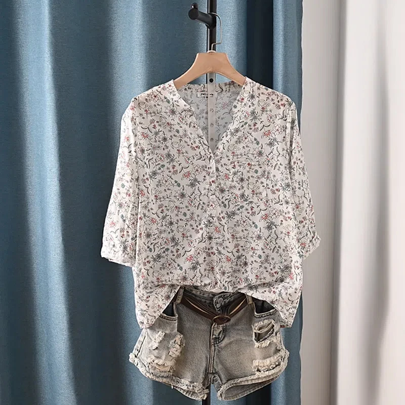 

2025 Women's Tunic Blouse Size M L Print Boho 100% Cotton 3/4 Sleeve V Neck Peasant Top for Women Summer Tops