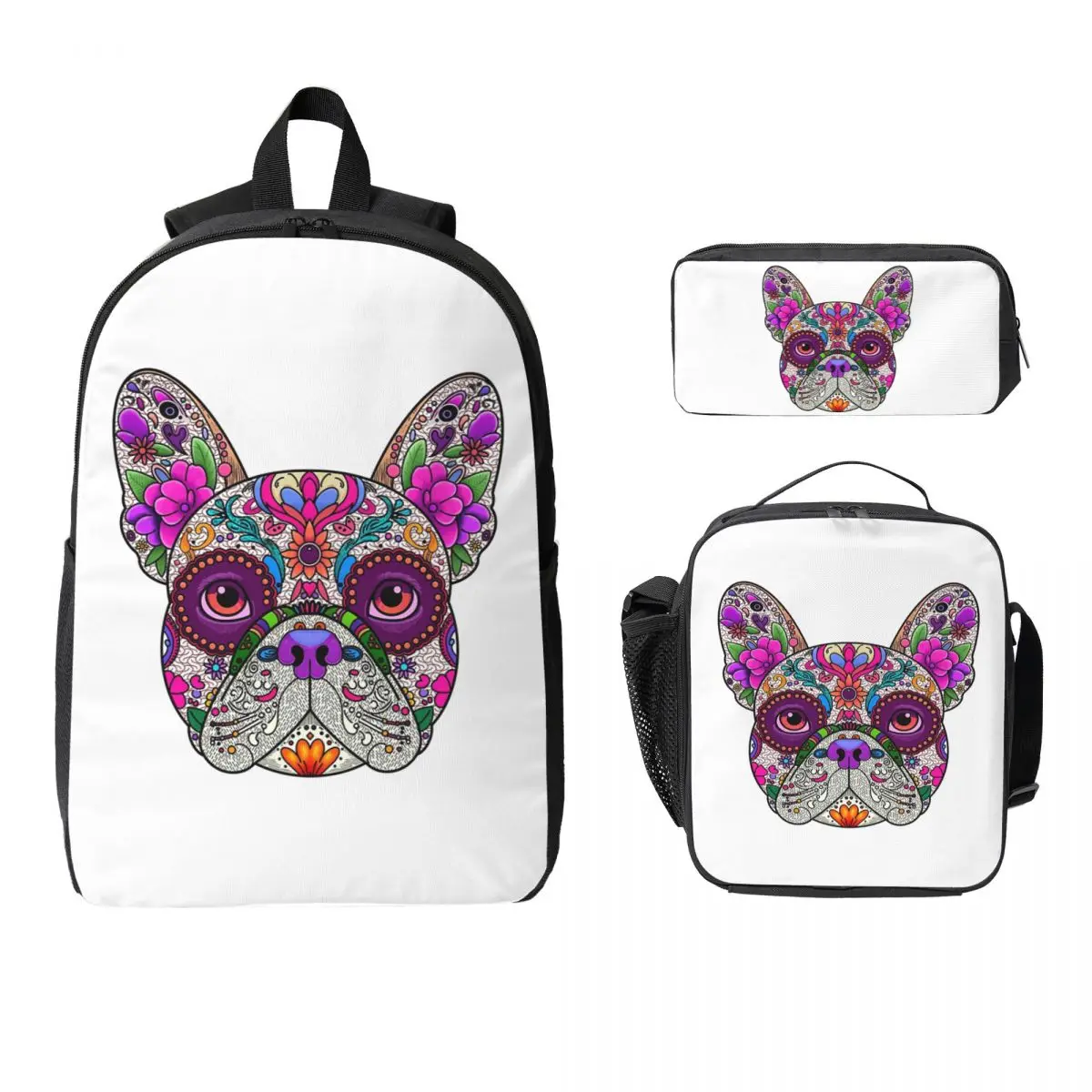 Mexican Day Of The Dead Dog Frenchie Backpack BookBag School Bag Computer Shoulder Bags 3ps Insulated Lunch Bag Pencil Case