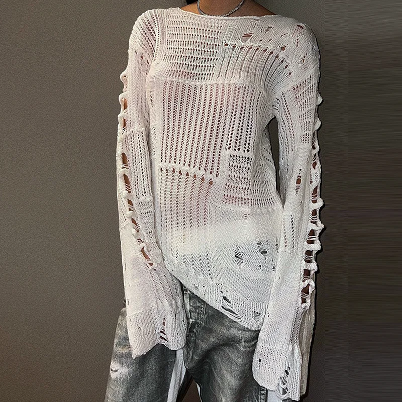 グランジフェアリーコア女性のリッピング中空セーターストリートソリッド長袖クルーネックニット秋ラウンドネックプルオーバー